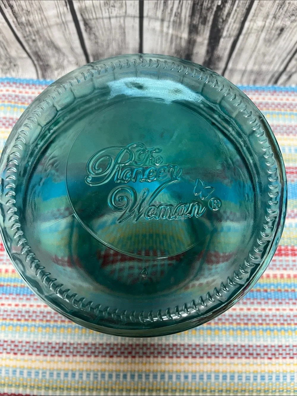 The Pioneer Woman “Cassie” glass Embossed Teal canister, large-80oz 6.25”X8”